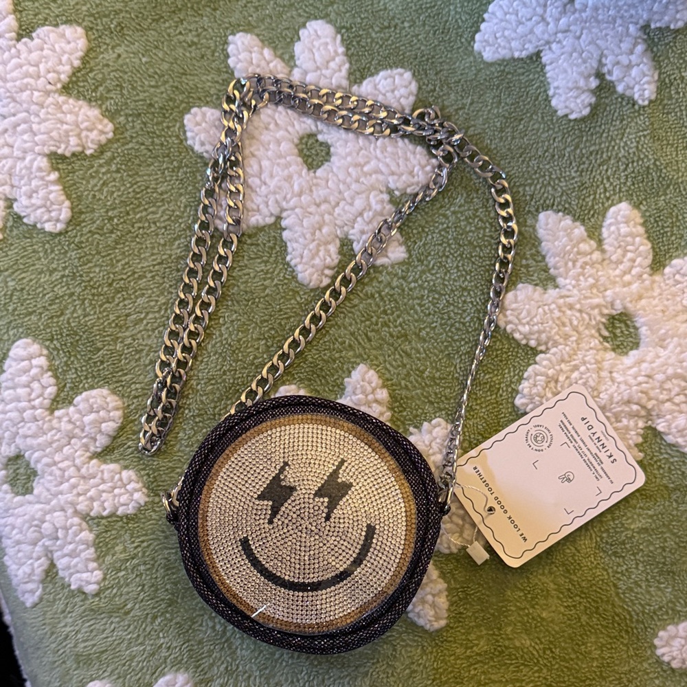 NWT Skinny Dip Smiley Face Rhinestone Chain Bag, plastic still on rhinestones